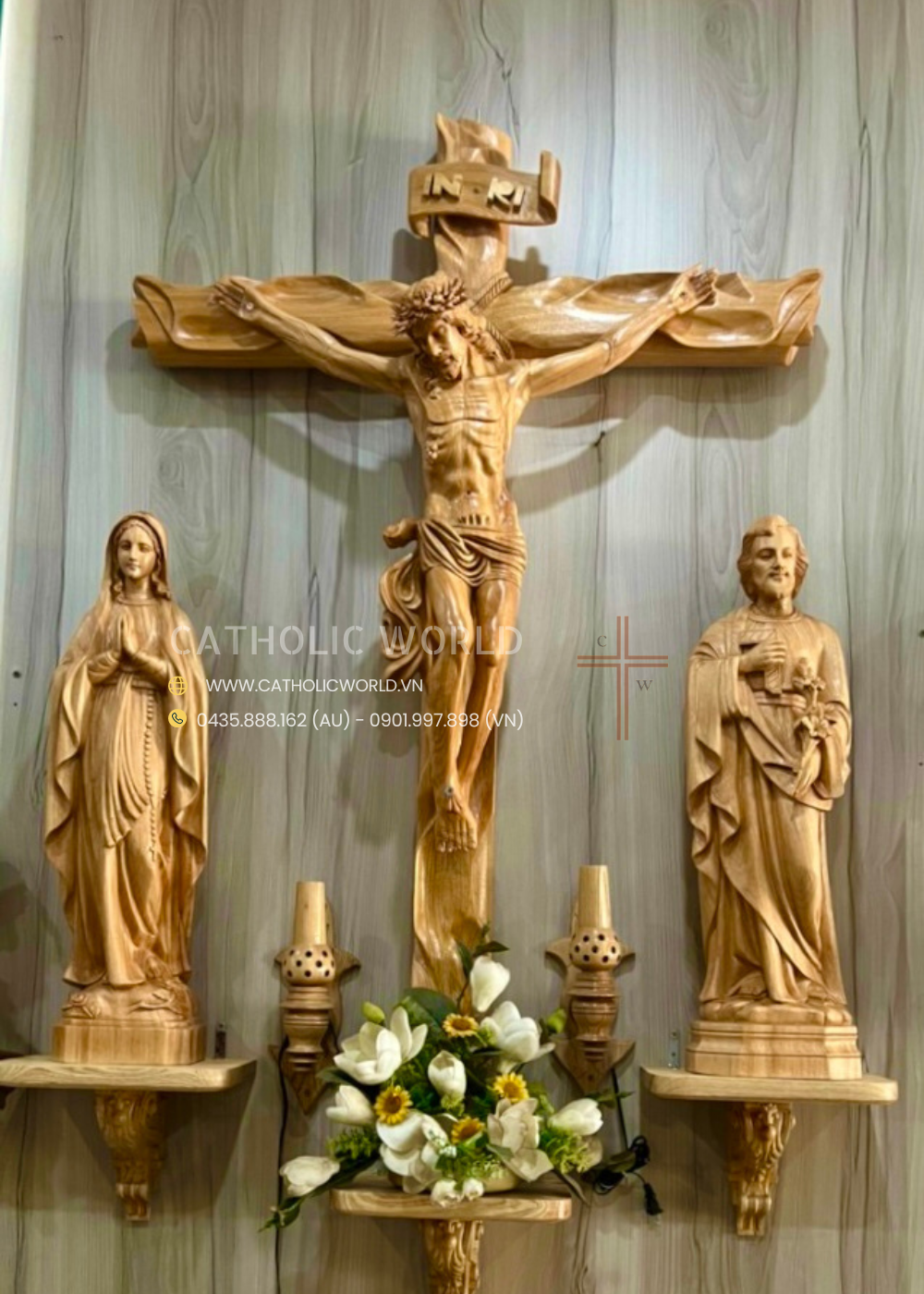 CA01 - Catholic Home Altar for family, Religious Catholic Statue, Wooden Religious Gifts, Native Wood Wall Art, Crucifix Cross, Housewarming