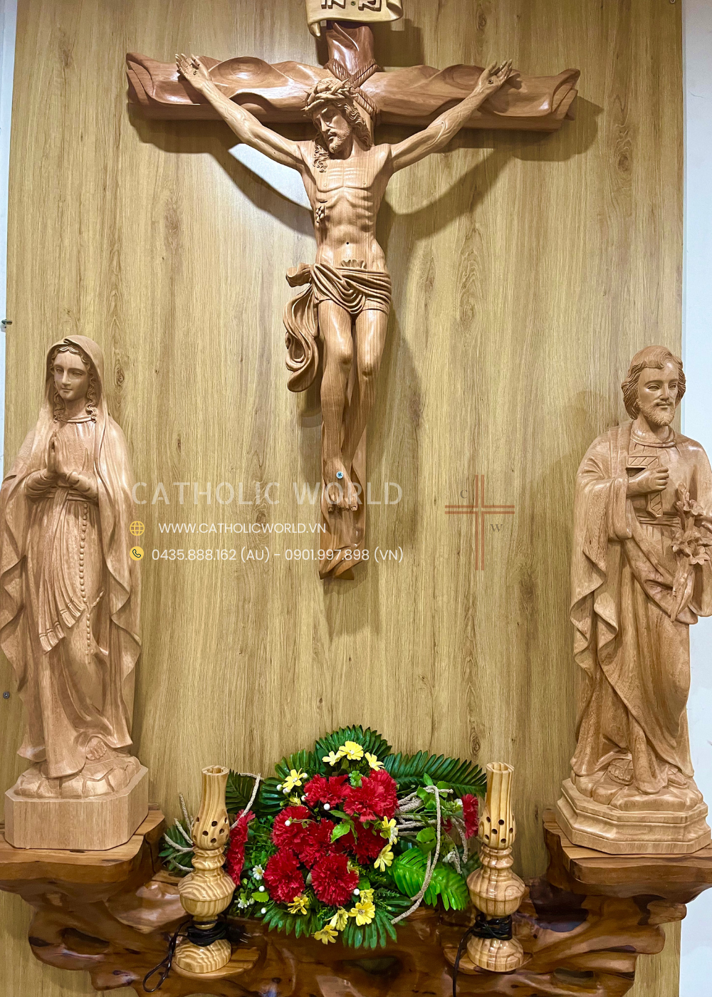 CA01 - Catholic Home Altar for family, Religious Catholic Statue, Wooden Religious Gifts, Native Wood Wall Art, Crucifix Cross, Housewarming