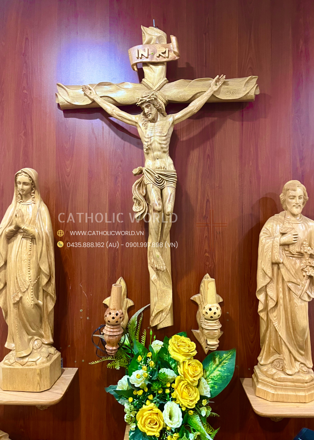 CA01 - Catholic Home Altar for family, Religious Catholic Statue, Wooden Religious Gifts, Native Wood Wall Art, Crucifix Cross, Housewarming