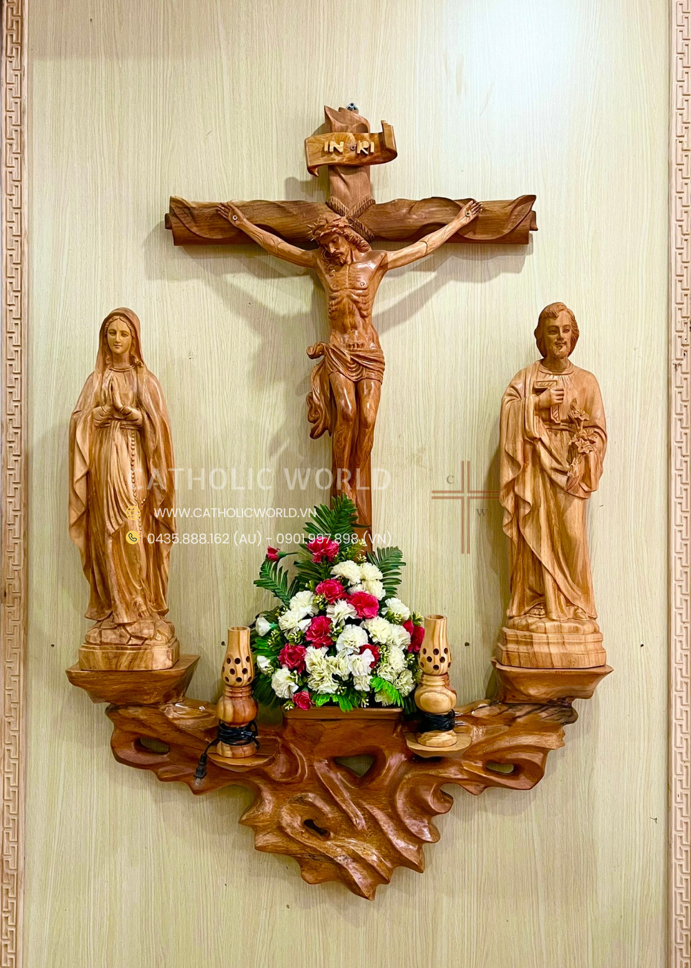 CA01 - Catholic Home Altar for family, Religious Catholic Statue, Wooden Religious Gifts, Native Wood Wall Art, Crucifix Cross, Housewarming