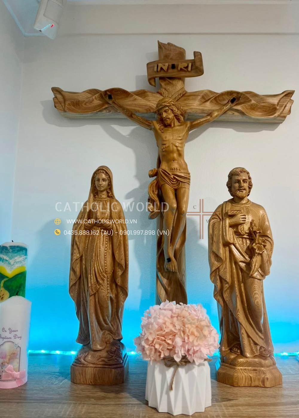 CA01 - Catholic Home Altar for family, Religious Catholic Statue, Wooden Religious Gifts, Native Wood Wall Art, Crucifix Cross, Housewarming