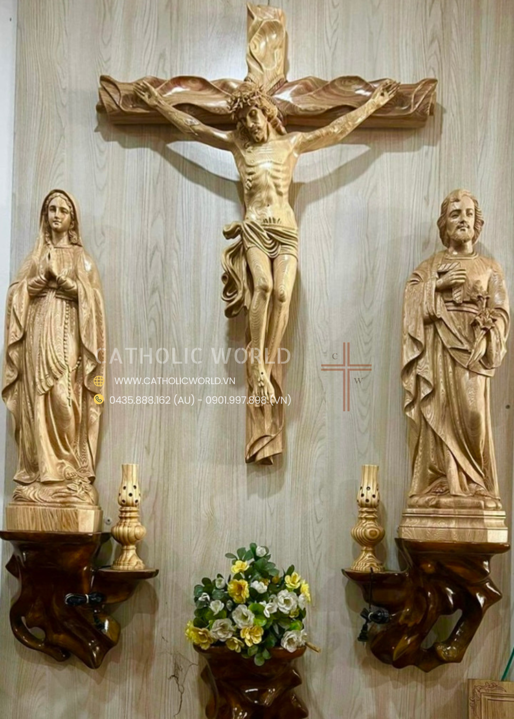 CA01 - Catholic Home Altar for family, Religious Catholic Statue, Wooden Religious Gifts, Native Wood Wall Art, Crucifix Cross, Housewarming