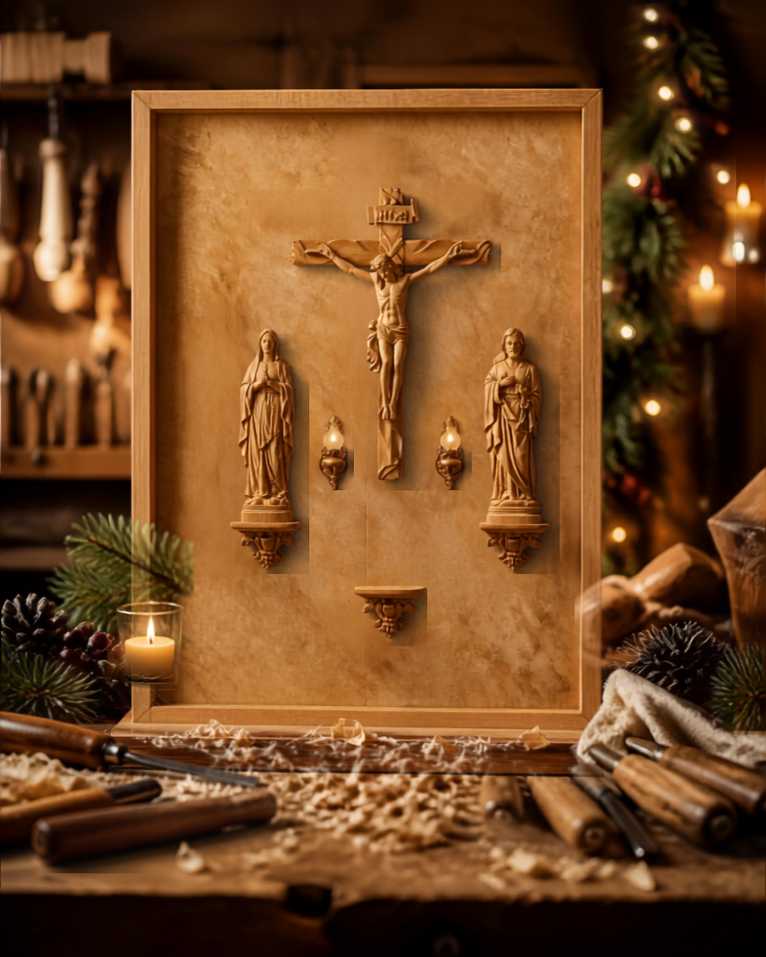 CA01 - Catholic Home Altar for family, Religious Catholic Statue, Wooden Religious Gifts, Native Wood Wall Art, Crucifix Cross, Housewarming