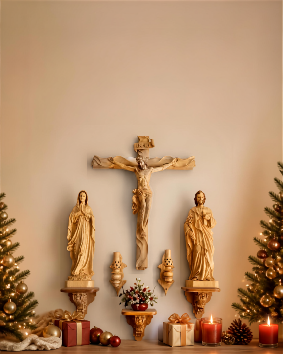 CA01 - Catholic Home Altar for family, Religious Catholic Statue, Wooden Religious Gifts, Native Wood Wall Art, Crucifix Cross, Housewarming