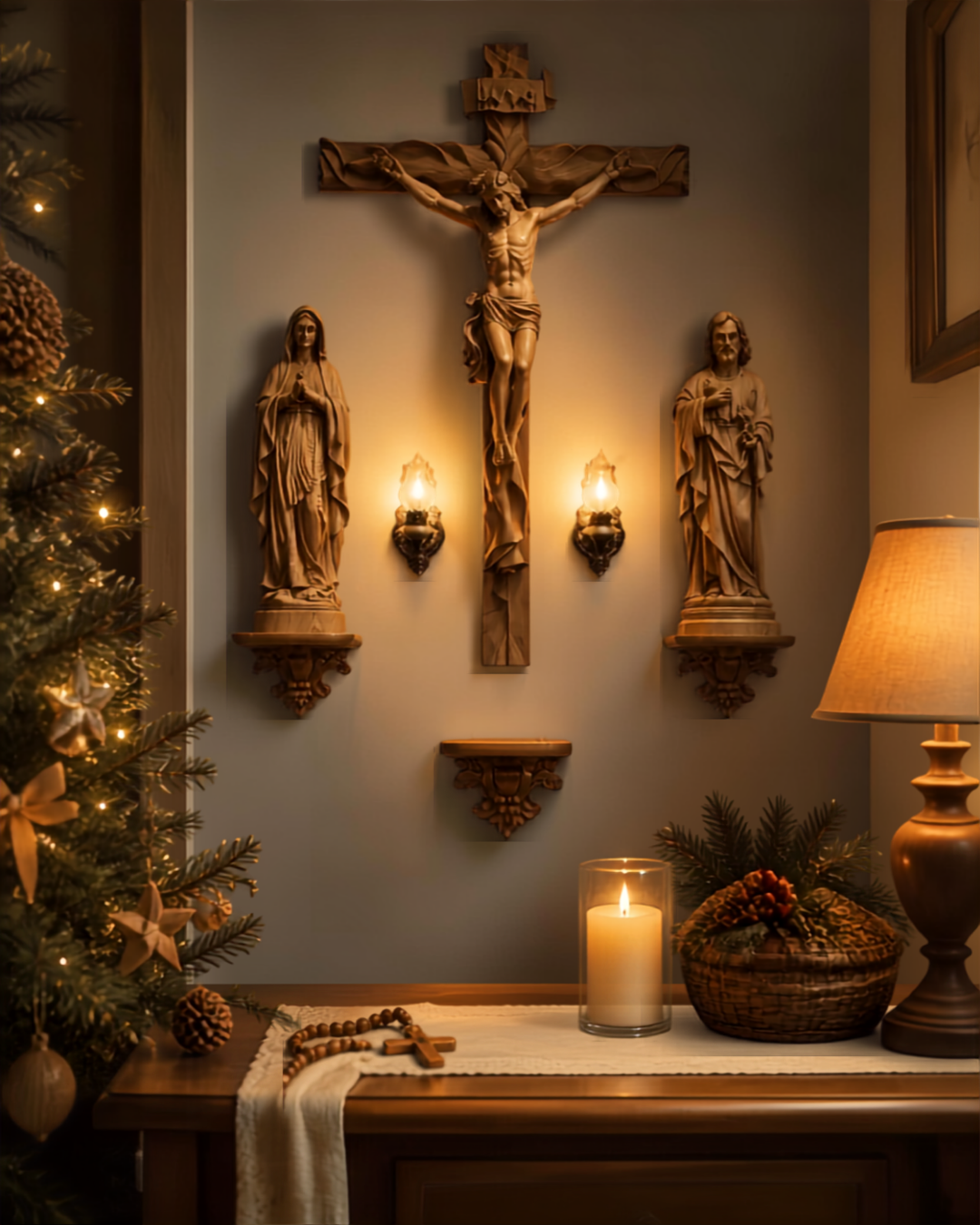 CA01 - Catholic Home Altar for family, Religious Catholic Statue, Wooden Religious Gifts, Native Wood Wall Art, Crucifix Cross, Housewarming