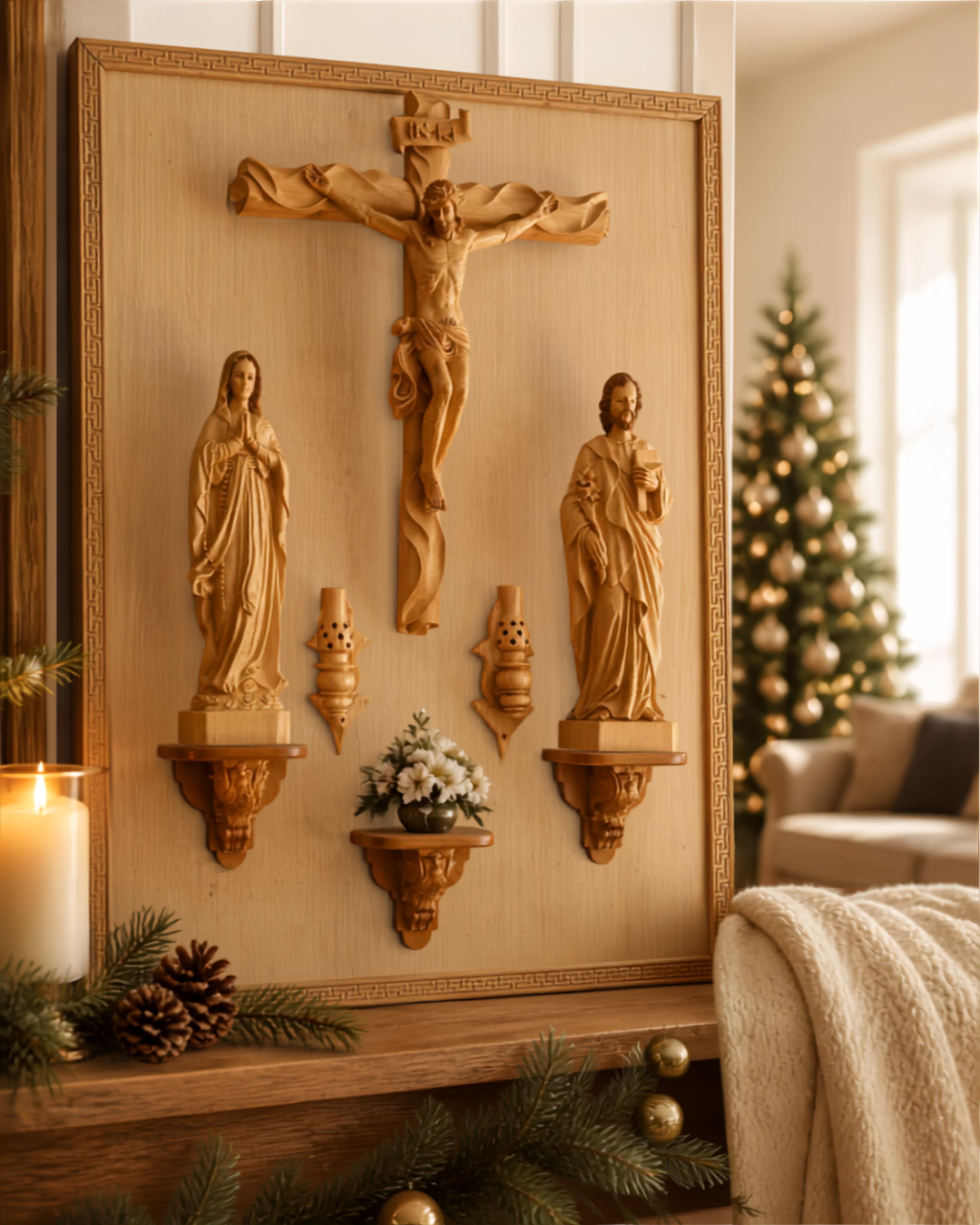 CA01 - Catholic Home Altar for family, Religious Catholic Statue, Wooden Religious Gifts, Native Wood Wall Art, Crucifix Cross, Housewarming