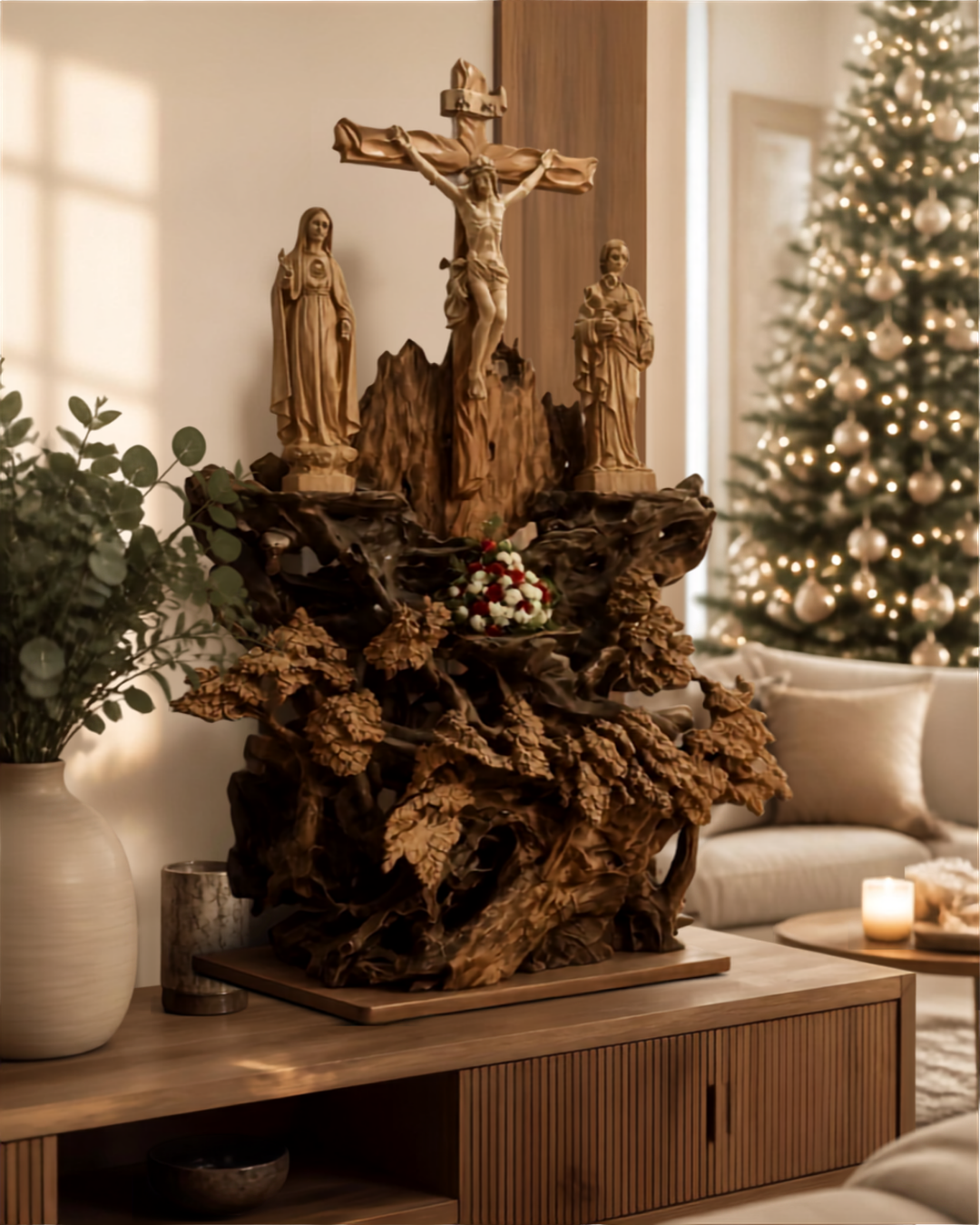 CA03 - Catholic Home Altar for family, Religious Catholic Statue, Wooden Religious Gifts, Native Wood Wall Art, Crucifix Cross, Housewarming
