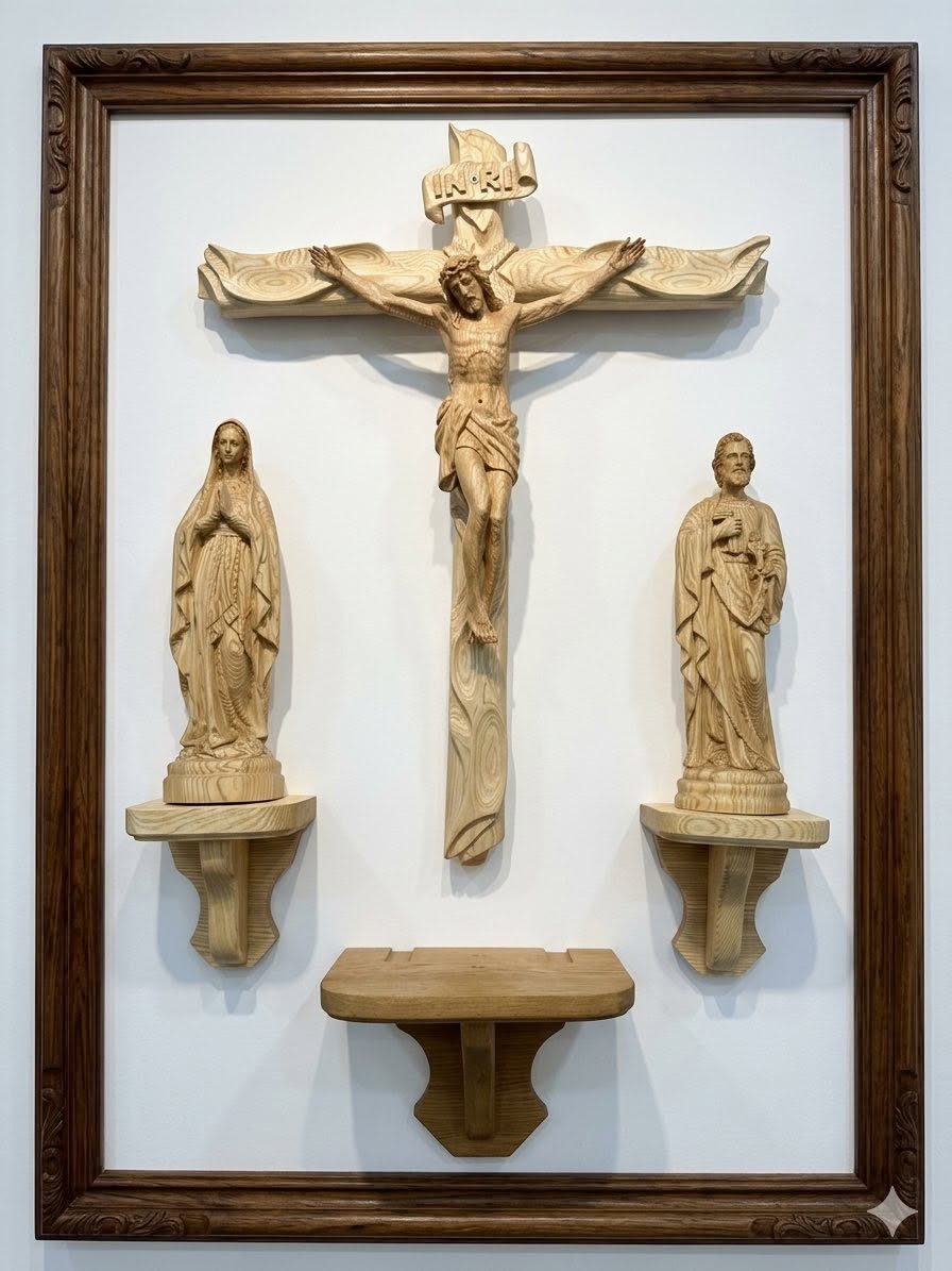 CA01 - Catholic Home Altar for family, Religious Catholic Statue, Wooden Religious Gifts, Native Wood Wall Art, Crucifix Cross, Housewarming