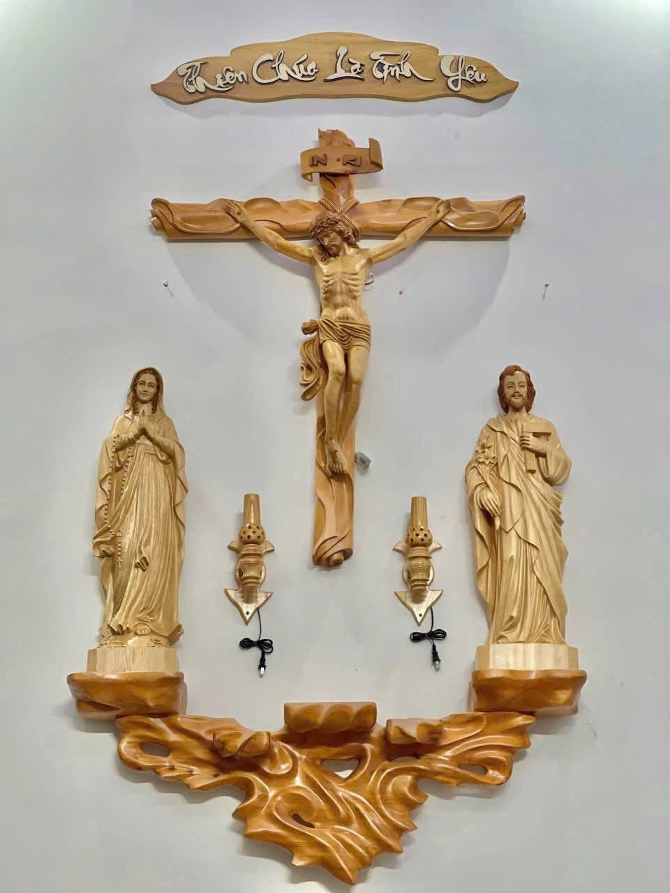 CA01 - Catholic Home Altar for family, Religious Catholic Statue, Wooden Religious Gifts, Native Wood Wall Art, Crucifix Cross, Housewarming