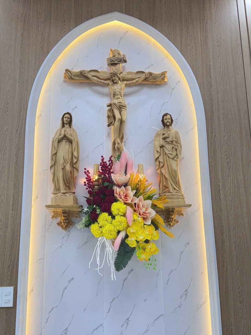 CA01 - Catholic Home Altar for family, Religious Catholic Statue, Wooden Religious Gifts, Native Wood Wall Art, Crucifix Cross, Housewarming
