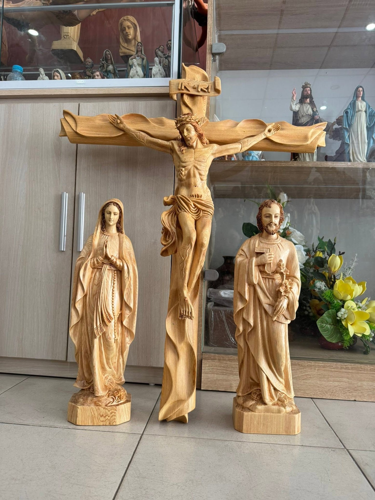 CA01 - Catholic Home Altar for family, Religious Catholic Statue, Wooden Religious Gifts, Native Wood Wall Art, Crucifix Cross, Housewarming